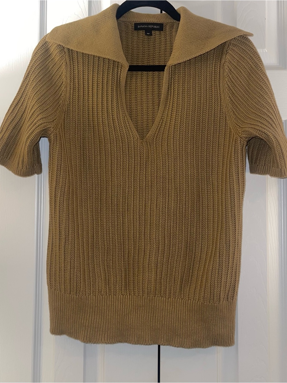 Banana Republic V-Neck Short-Sleeve Knit Sweater in Camel Brown